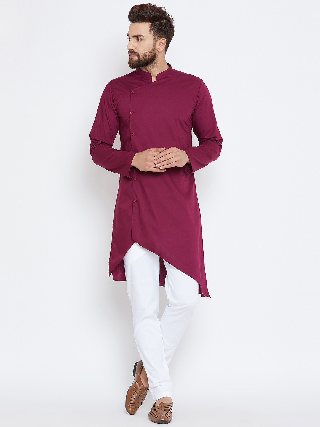 

See Designs Men Burgundy & White Solid Kurta with Trousers