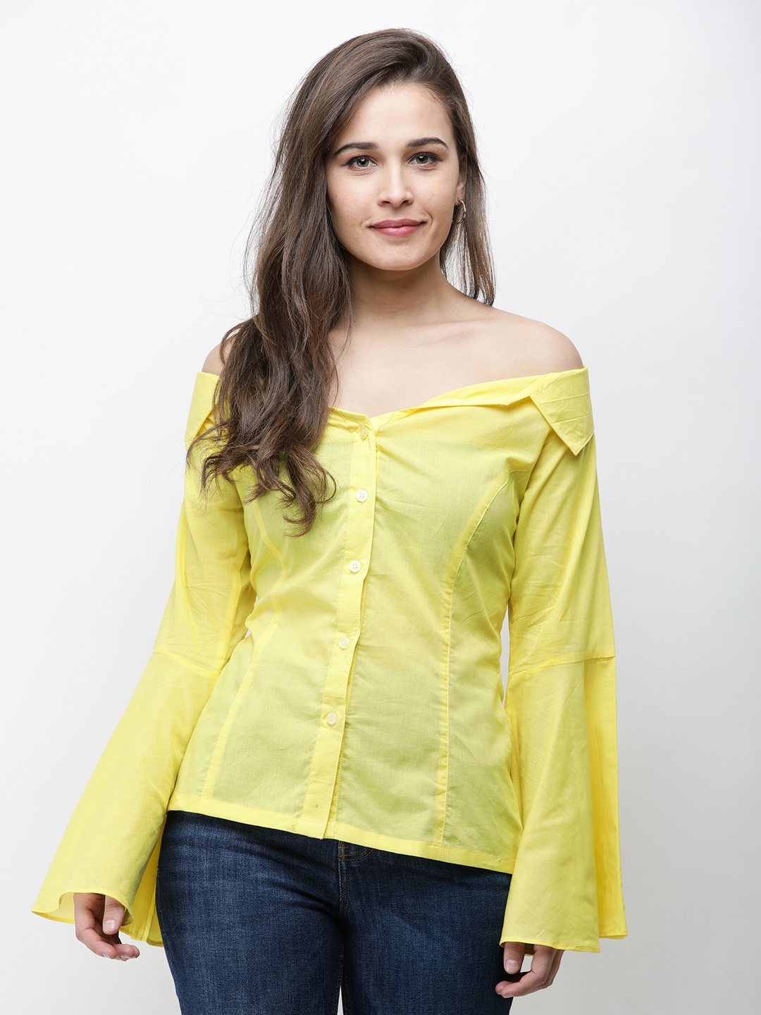 

Cation Off-Shoulder Bell Sleeve Cotton Shirt Style Top, Yellow