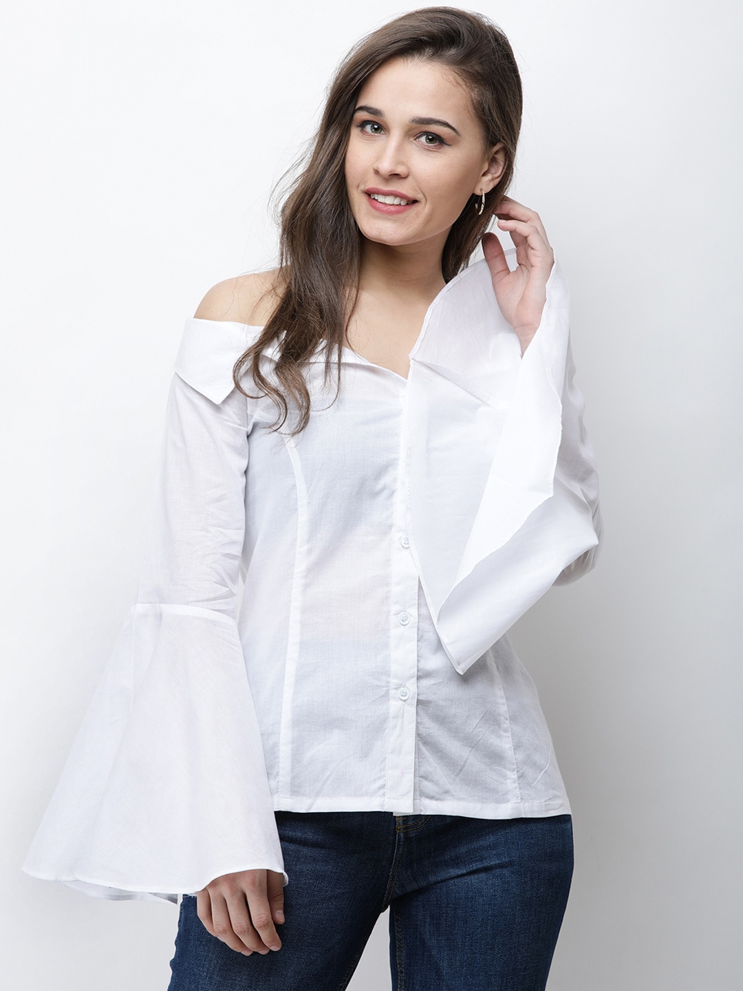 

Cation Off-Shoulder Bell Sleeve Cotton Shirt Style Top, White