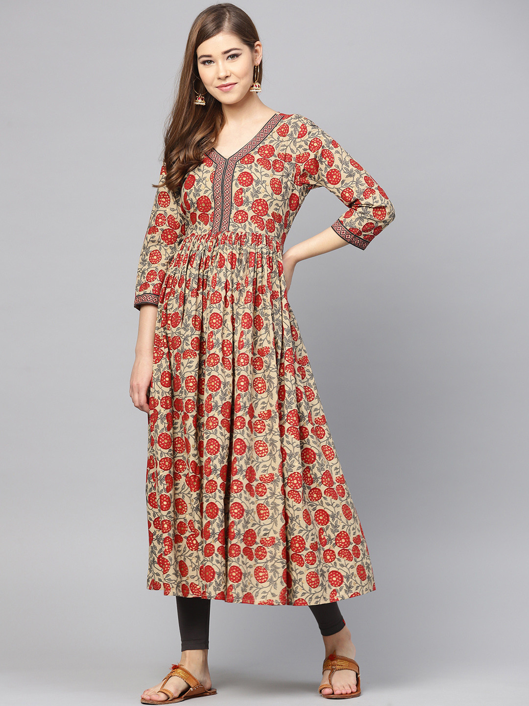 

Varanga Women Beige & Red Printed Anarkali Kurta