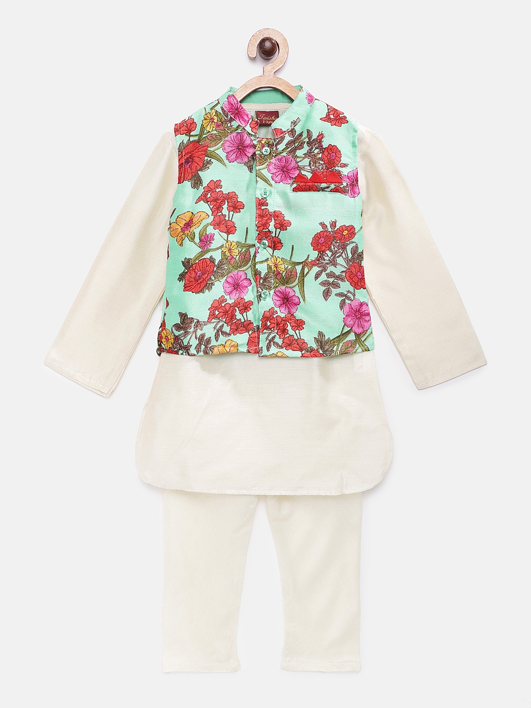 

Twisha Boys Off-White Solid Kurta with Pyjama, Green