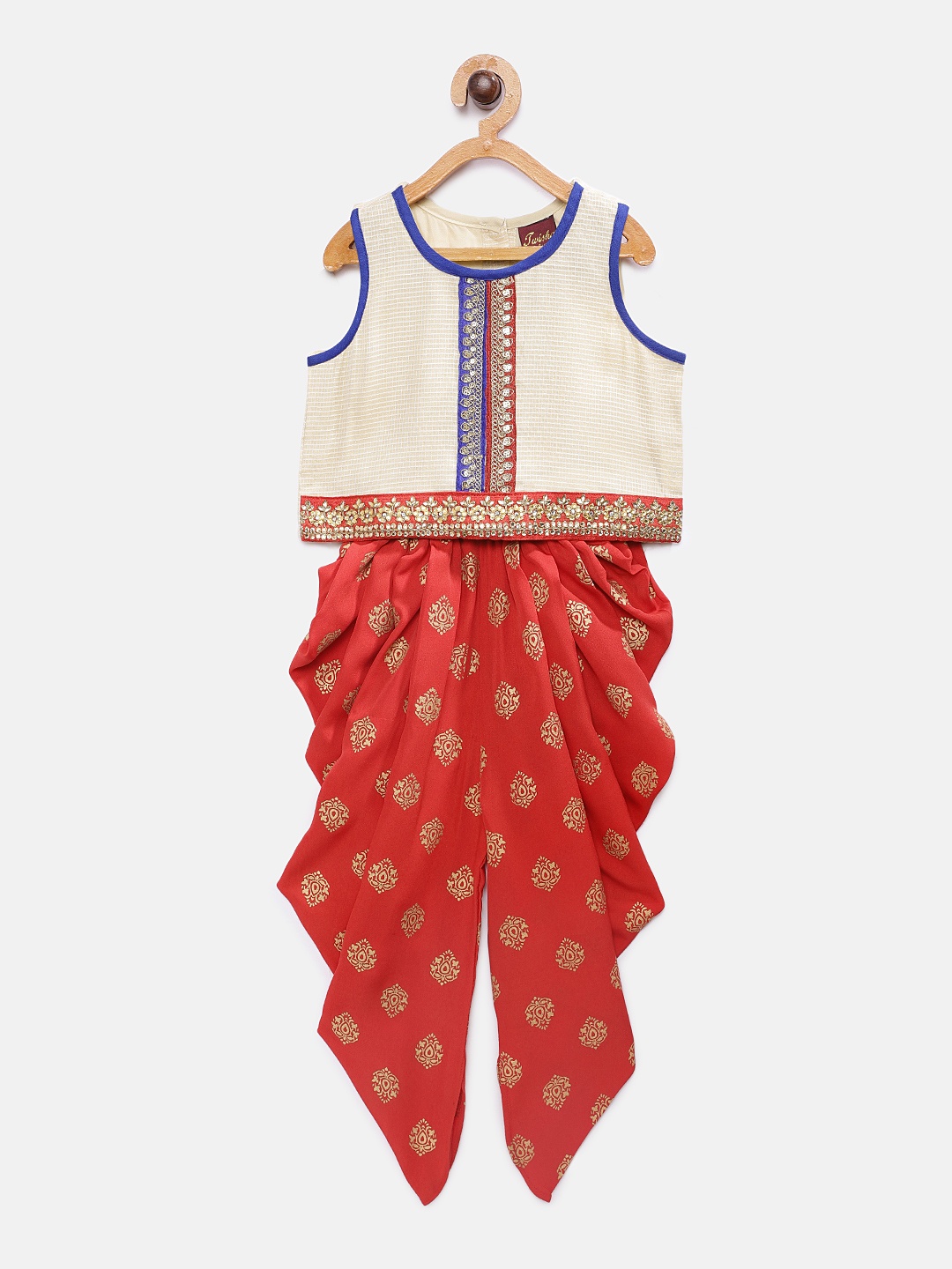 

Twisha Girls Red & Cream-Coloured Embellished Top with Dhoti Pants