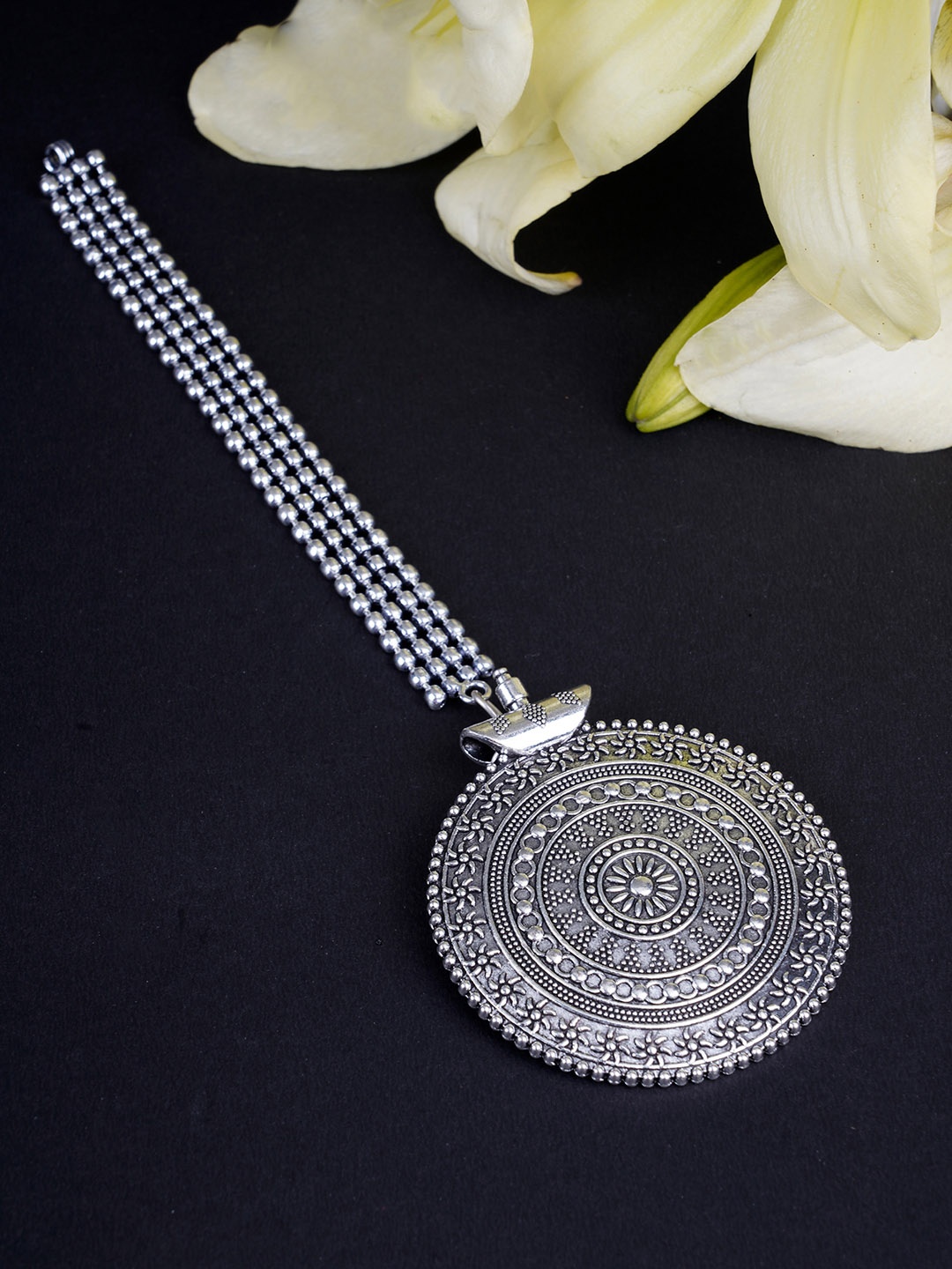 

FIROZA Oxidised Silver-Toned Textured Maang Tika
