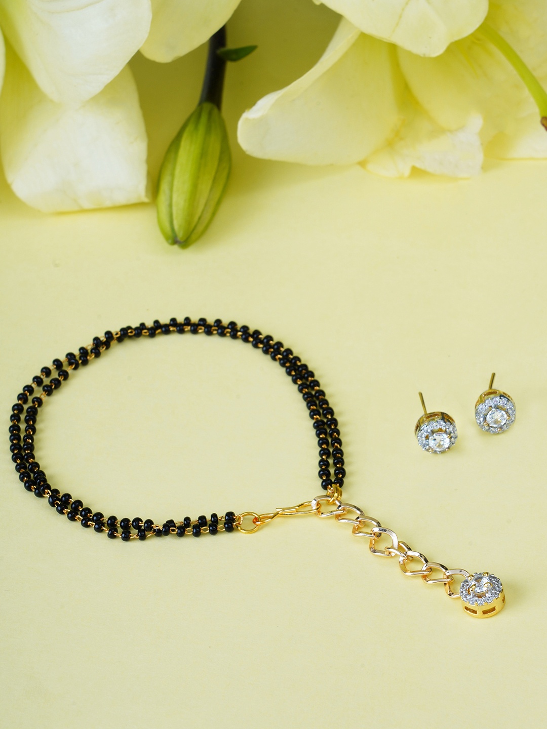 

FIROZA Black Gold-Plated Cubic Zirconia Studded Shibori Mangalsutra Bracelet With Earring