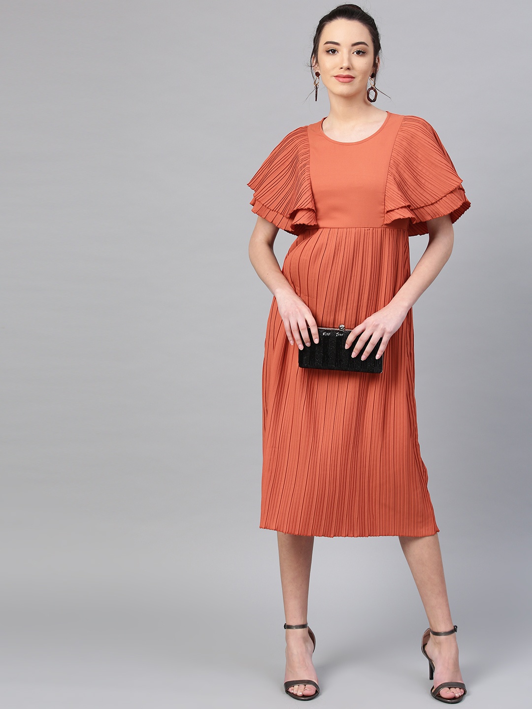 

Athena Women Rust Orange Solid Accordion Pleat A-Line Dress