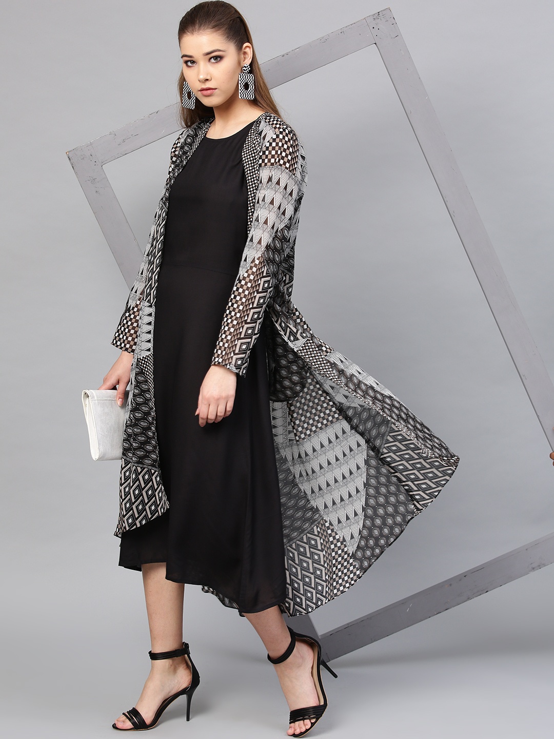 

Athena Women Black Printed A-Line Dress With Shrug