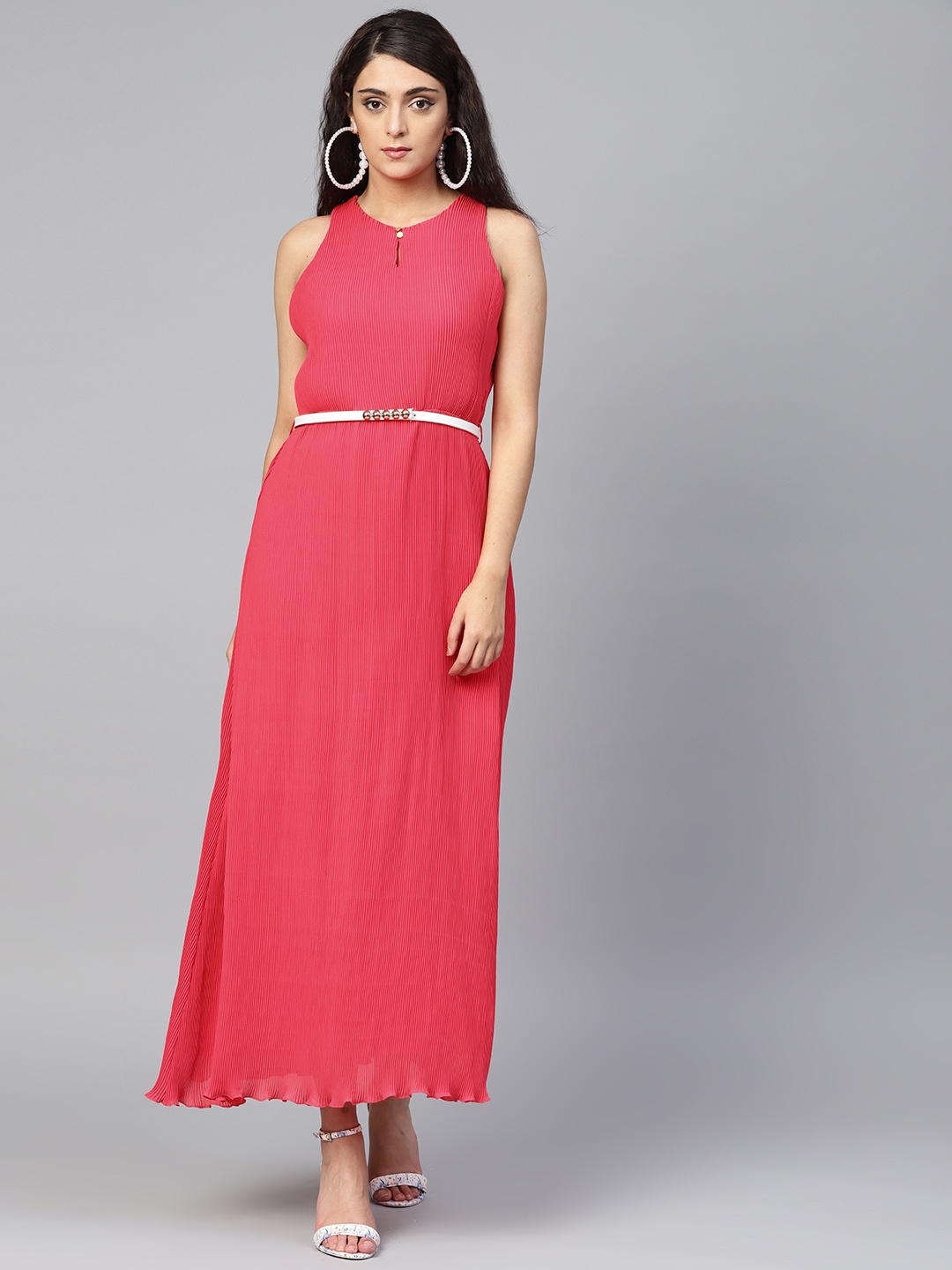 

Athena Women Fuchsia Solid Accordion Pleat Maxi A-Line Dress