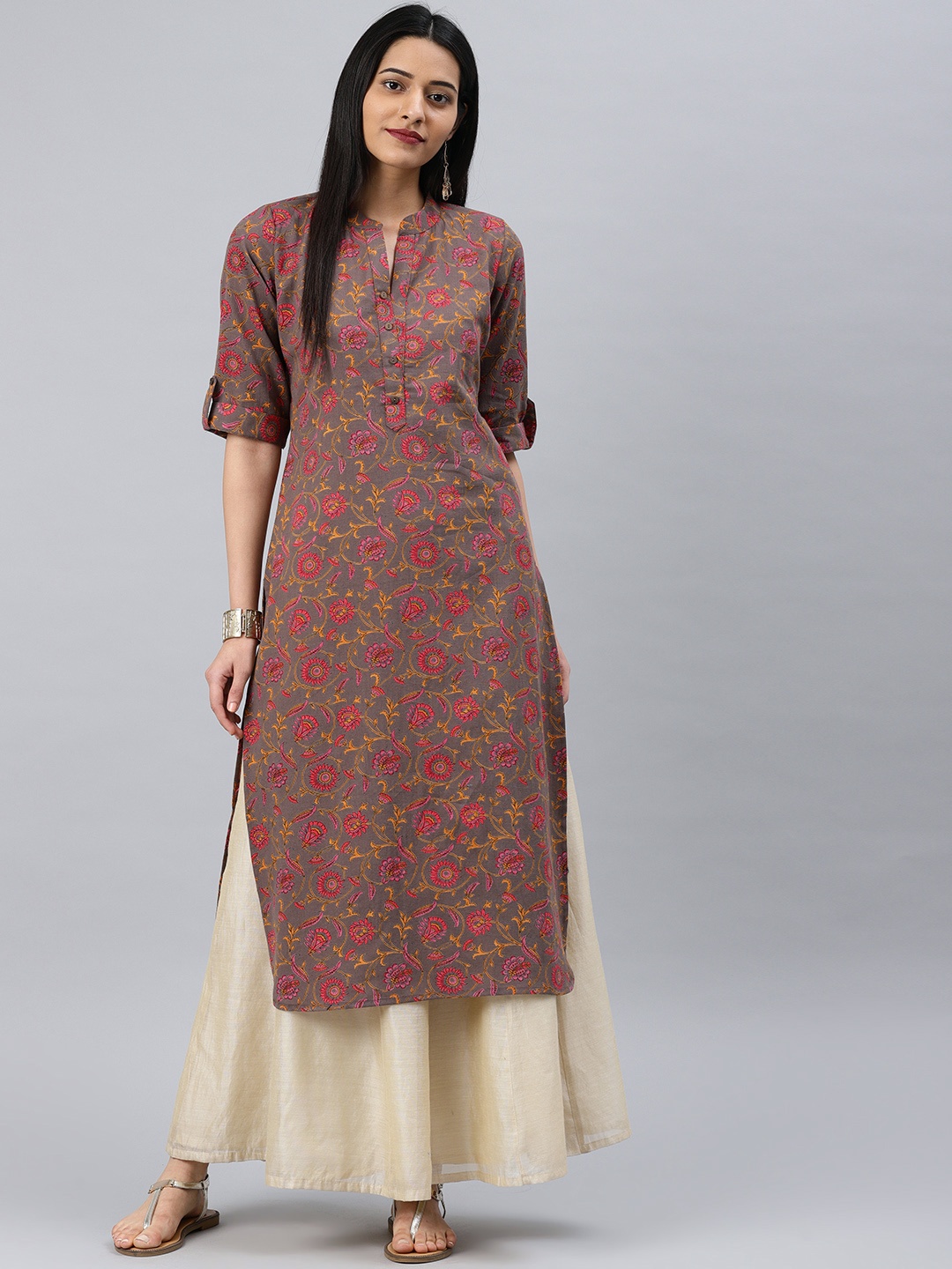 

AHIKA Women Charcoal Grey & Pink Printed Straight Kurta