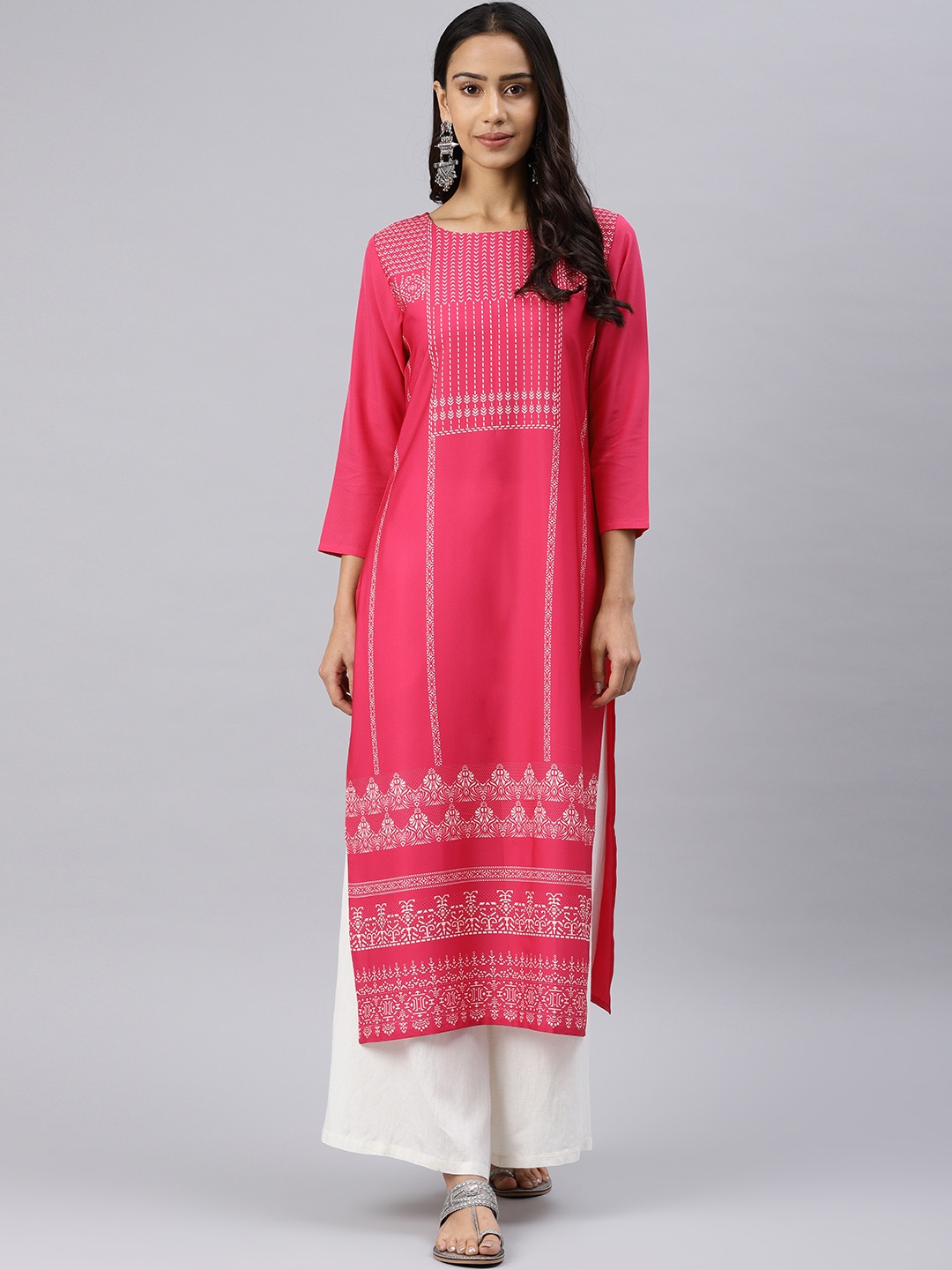 

AHIKA Women Pink & White Printed Straight Kurta