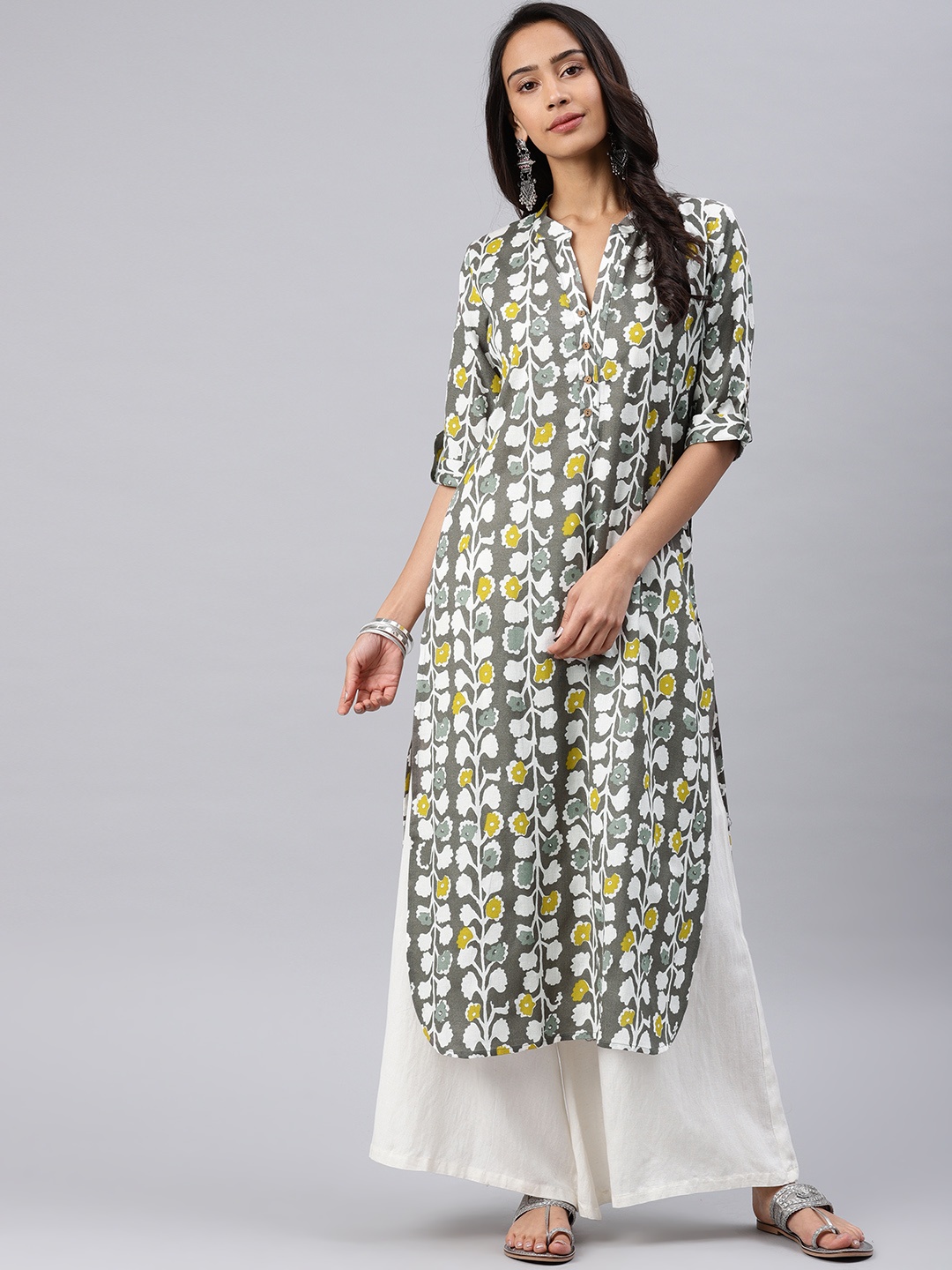 

AHIKA Women Taupe & White Printed Straight Kurta