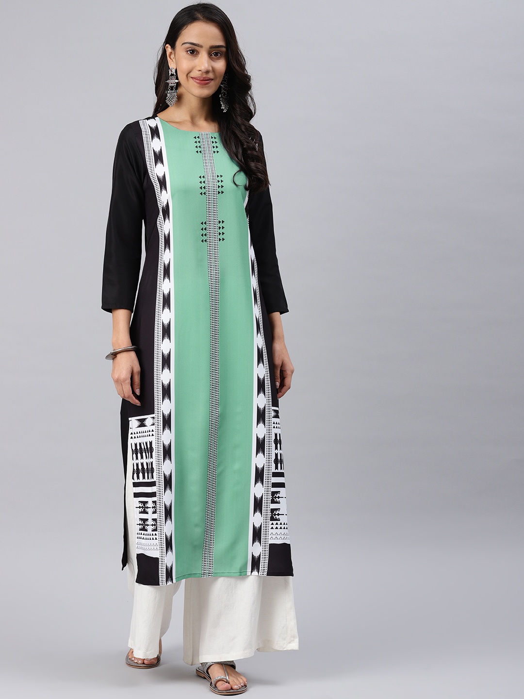 

AHIKA Women Sea Green & Black Printed Straight Kurta