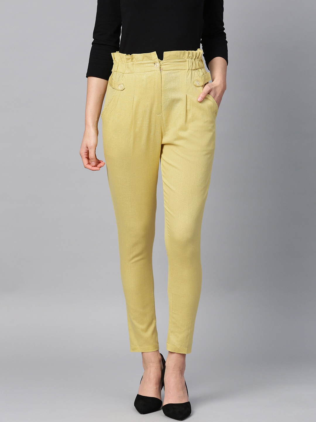 

Tulsattva Women Mustard Yellow Smart Tapered Fit Solid Cropped Trousers
