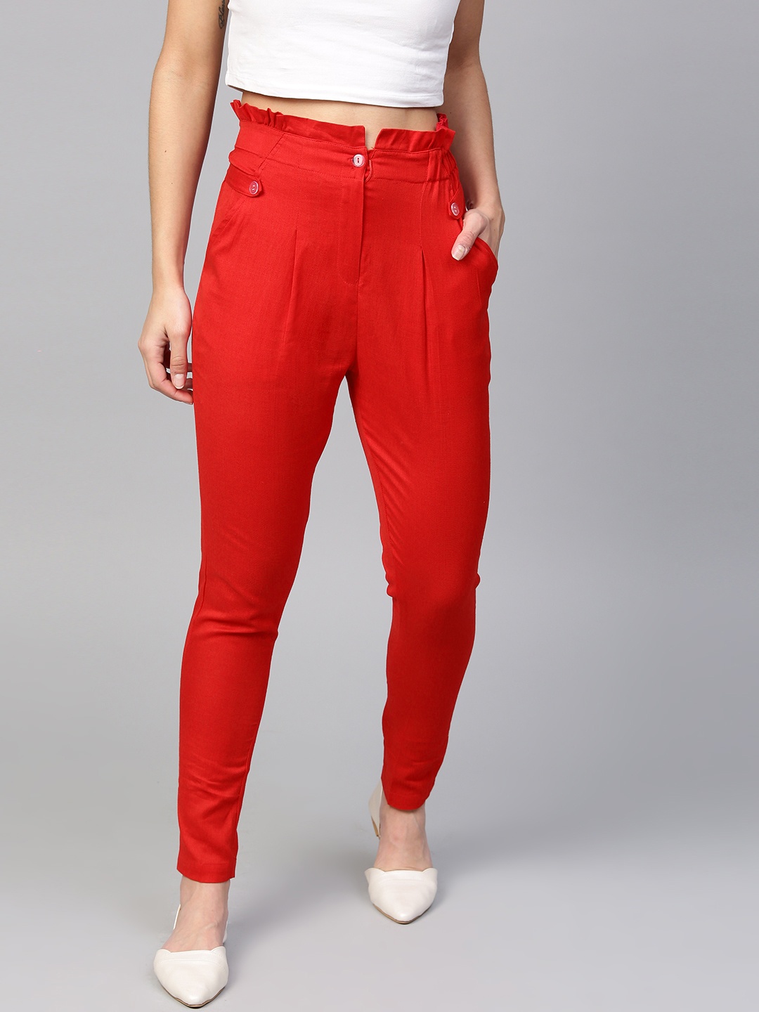 

Tulsattva Women Red Regular Fit Solid Trousers