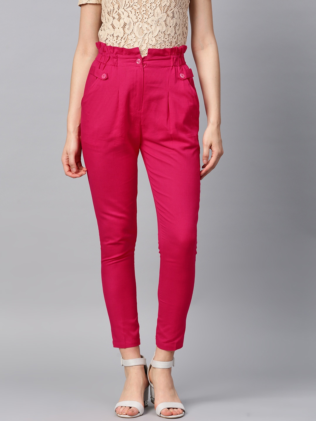 

Tulsattva Women Pink Smart Tapered Fit Solid Regular Cropped Trousers