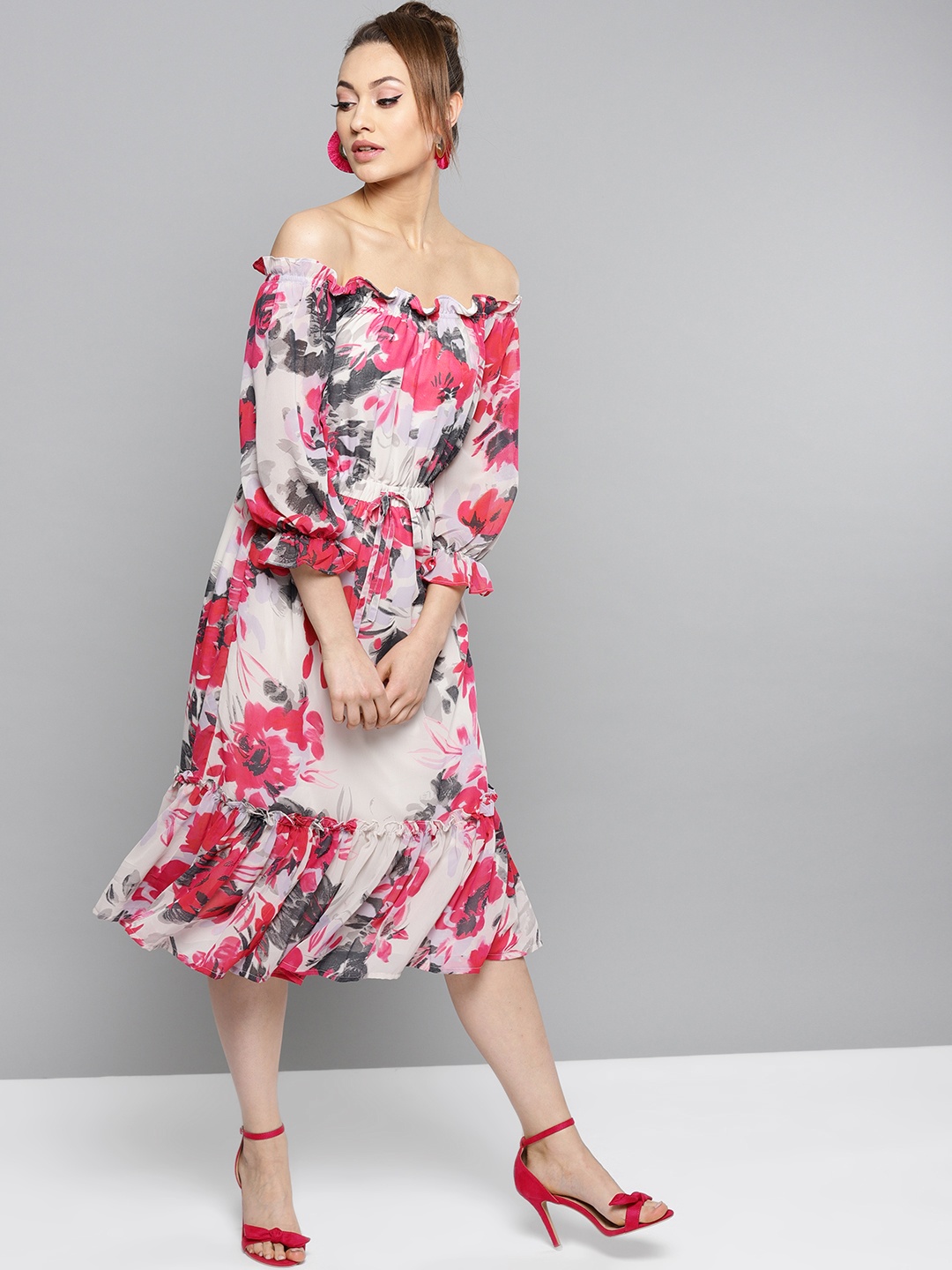 

RARE Women White & Pink Printed Midi A-Line Dress