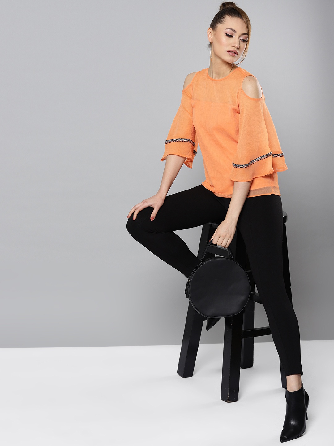 

RARE Women Orange Solid Cold-Shoulder Top