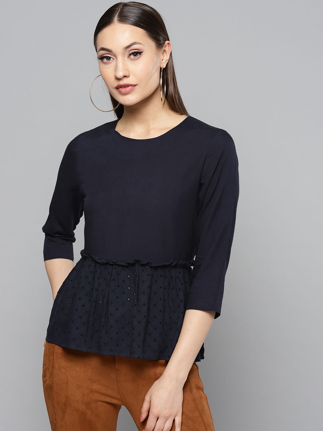 

RARE Women Navy Blue Solid A-Line Top