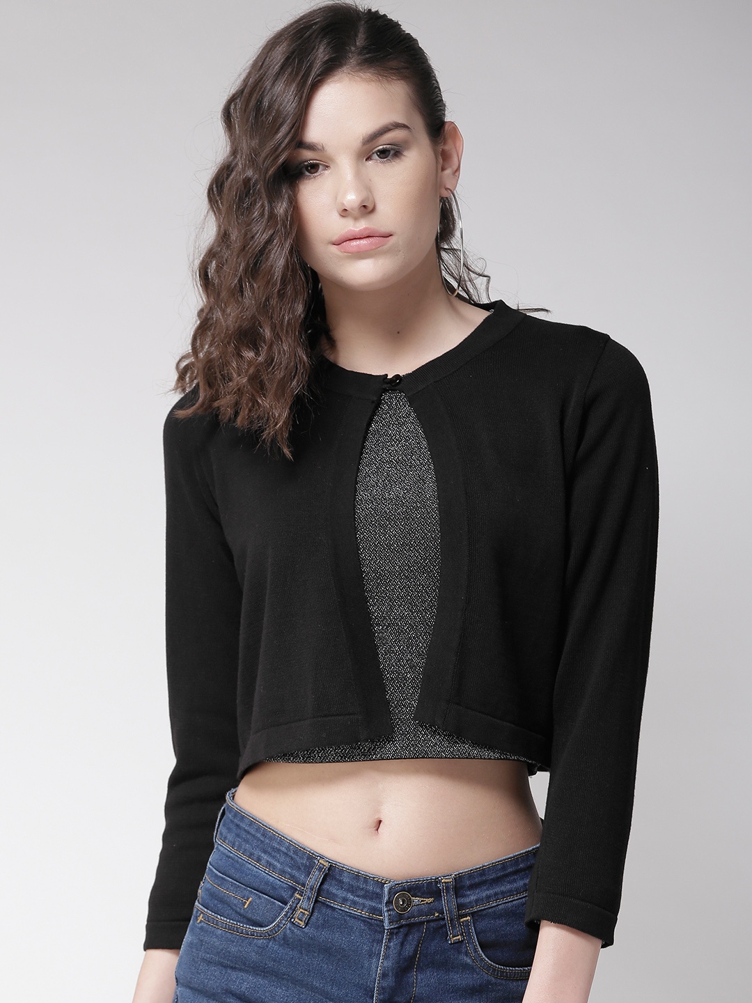 

Style Quotient Black Solid Button Crop Shrug