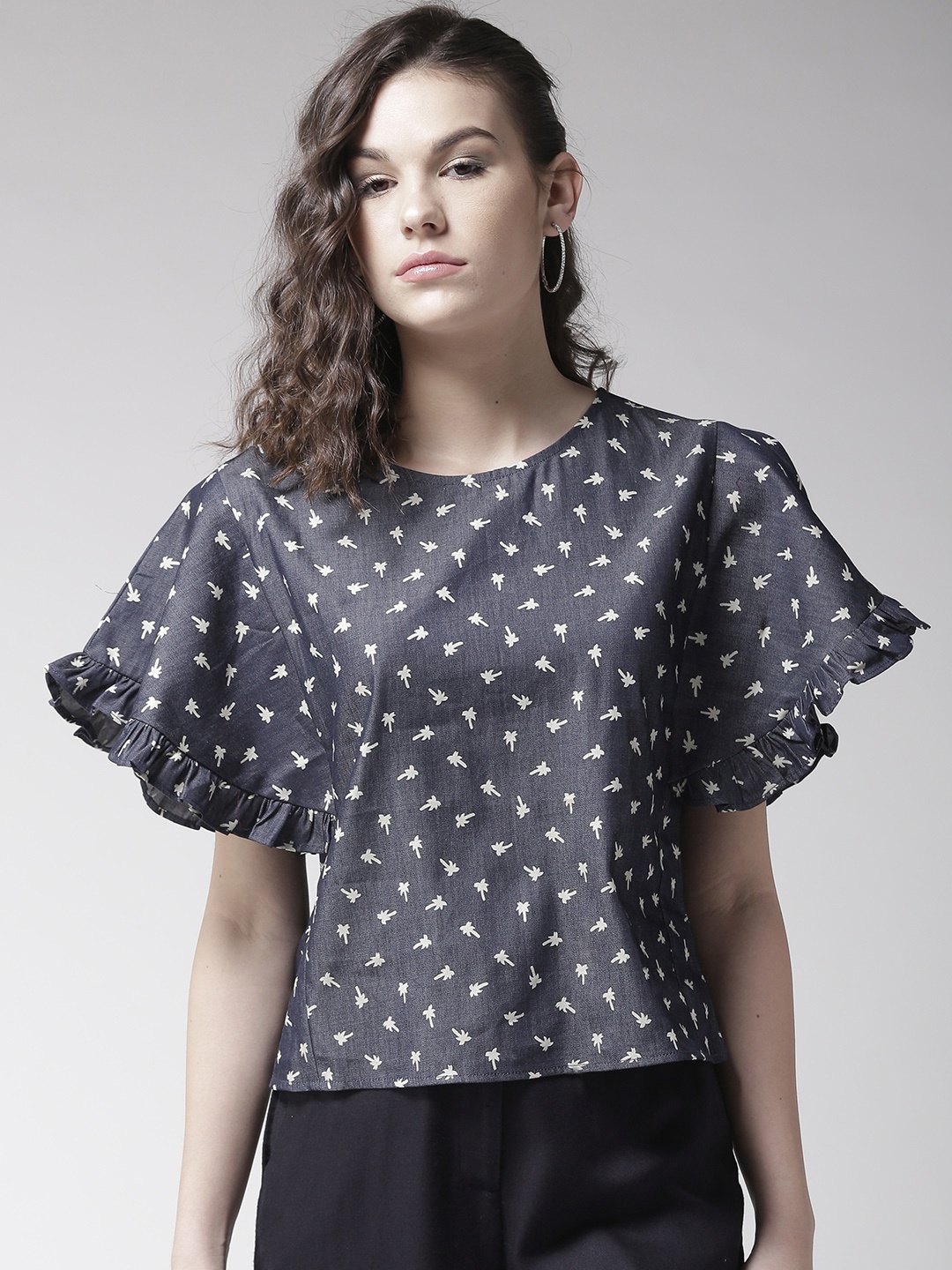 

Style Quotient Women Blue Printed Chambray Pure Cotton Top