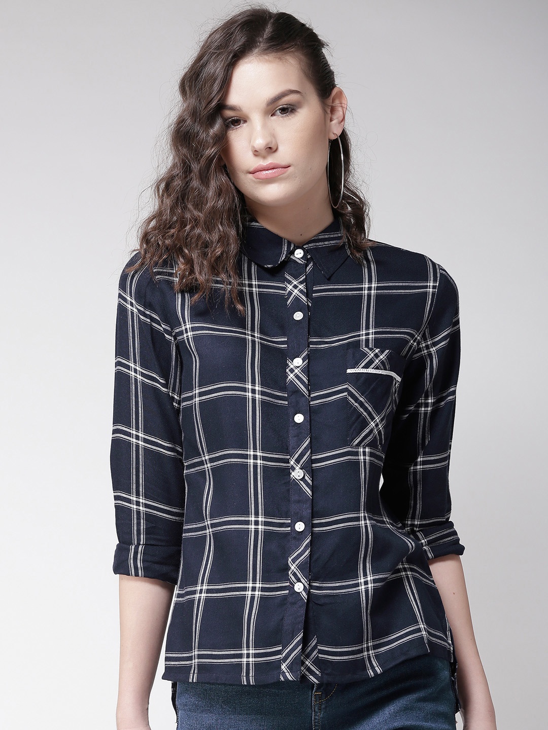 

Style Quotient Women Navy Blue & White Regular Fit Checked Casual Shirt