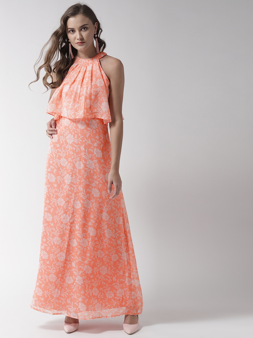 

La Zoire Women Peach-Coloured & White Printed Maxi Dress