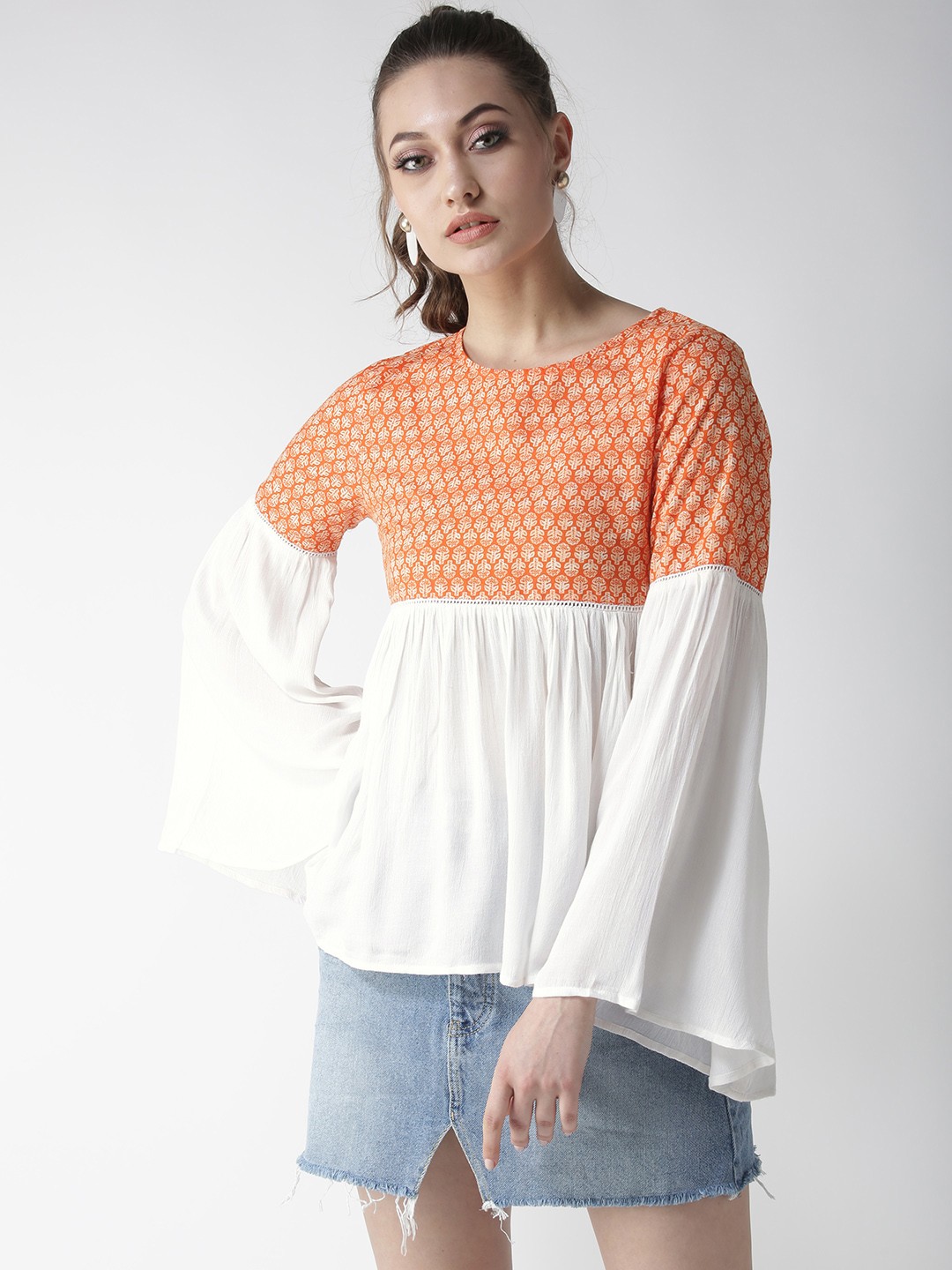 

La Zoire Women Orange & White Printed A-Line Top