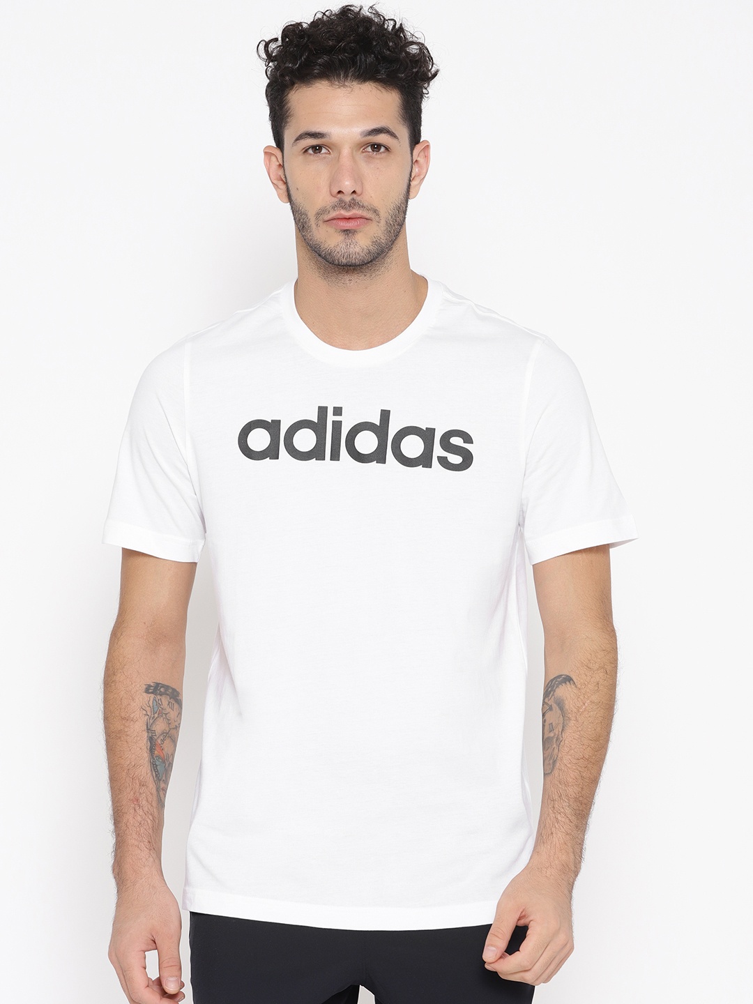 

ADIDAS Men White Essentials Linear Solid Round Neck T-shirt