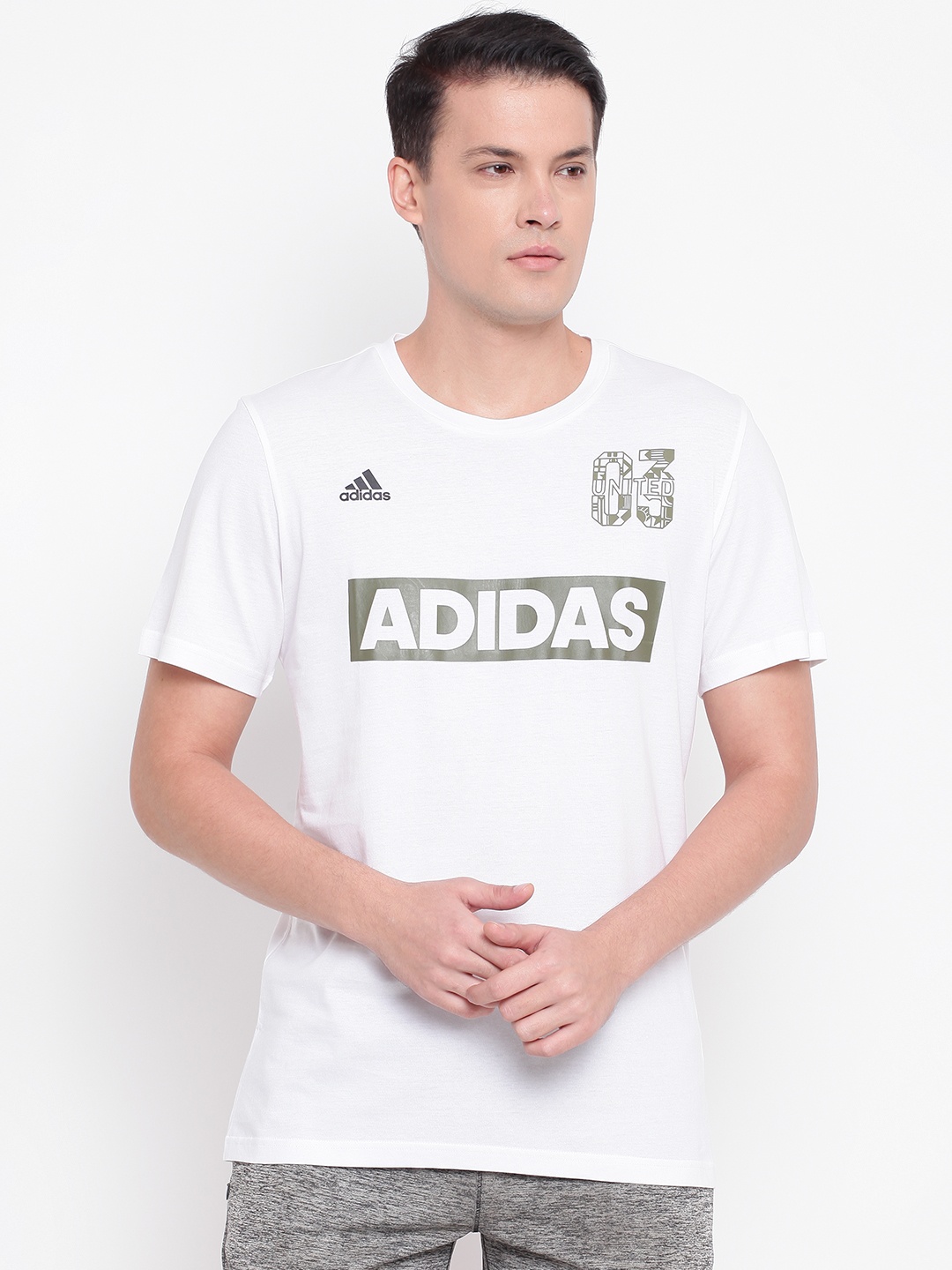 

ADIDAS Men White Olive Green Sport Id Printed Pure Cotton T-shirt