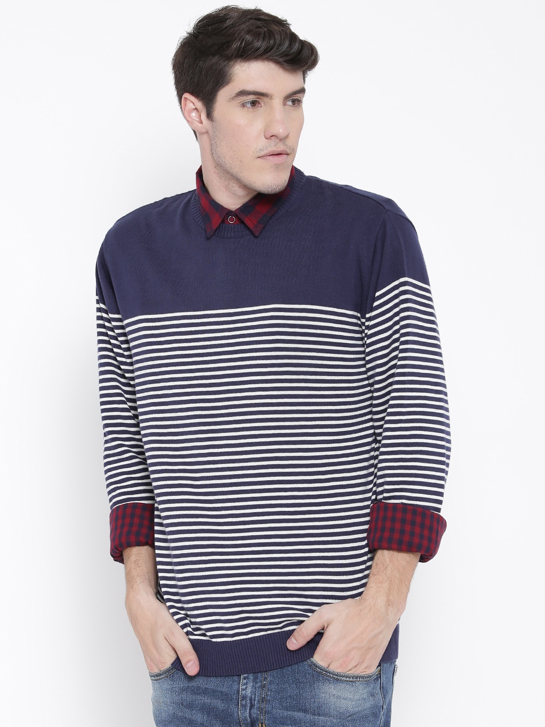 

Wills Lifestyle Men Navy & White Striped Sweater, Navy blue