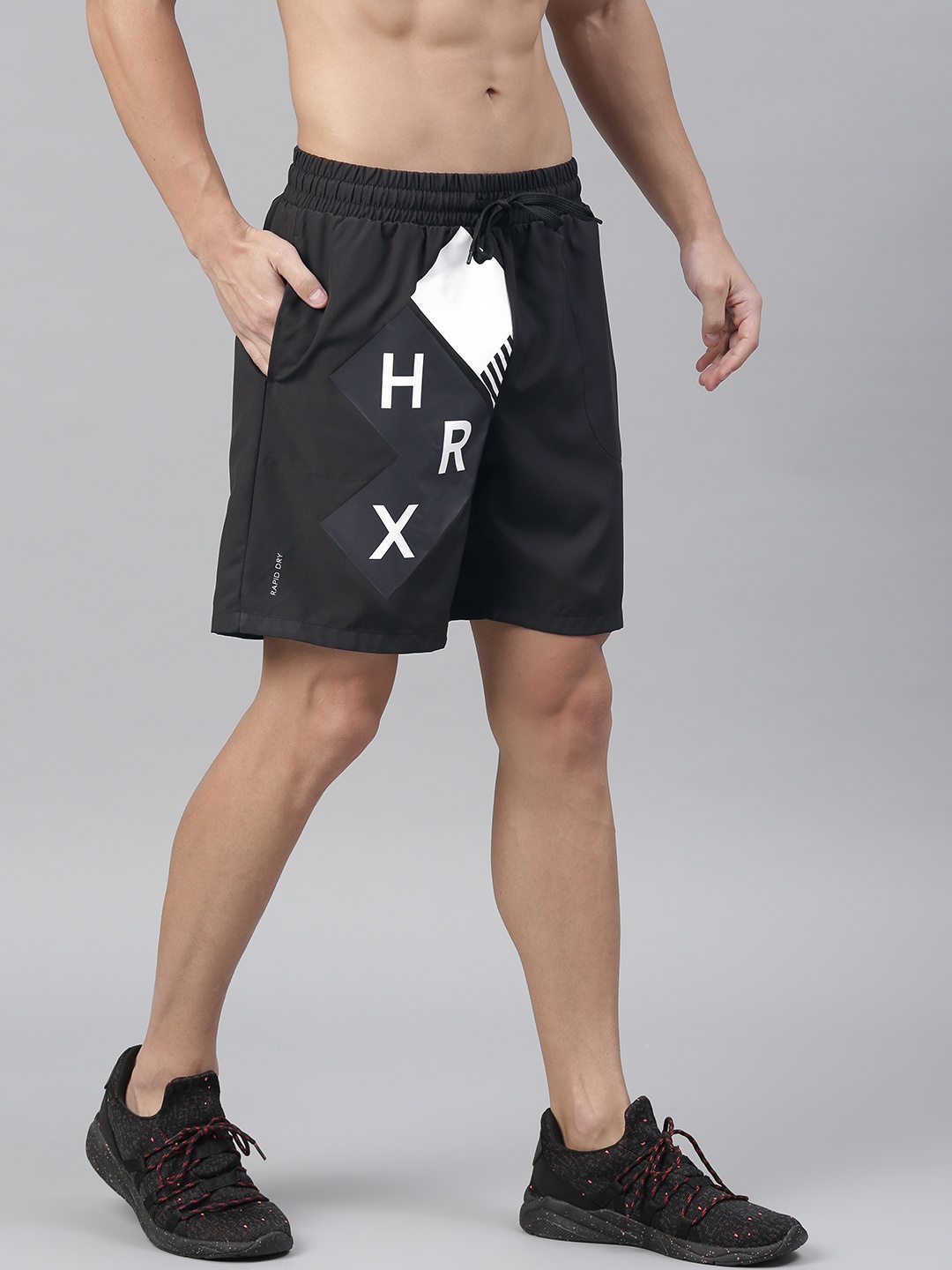 

HRX by Hrithik Roshan Men Black Printed Rapid Dry Woven Running Sports Shorts