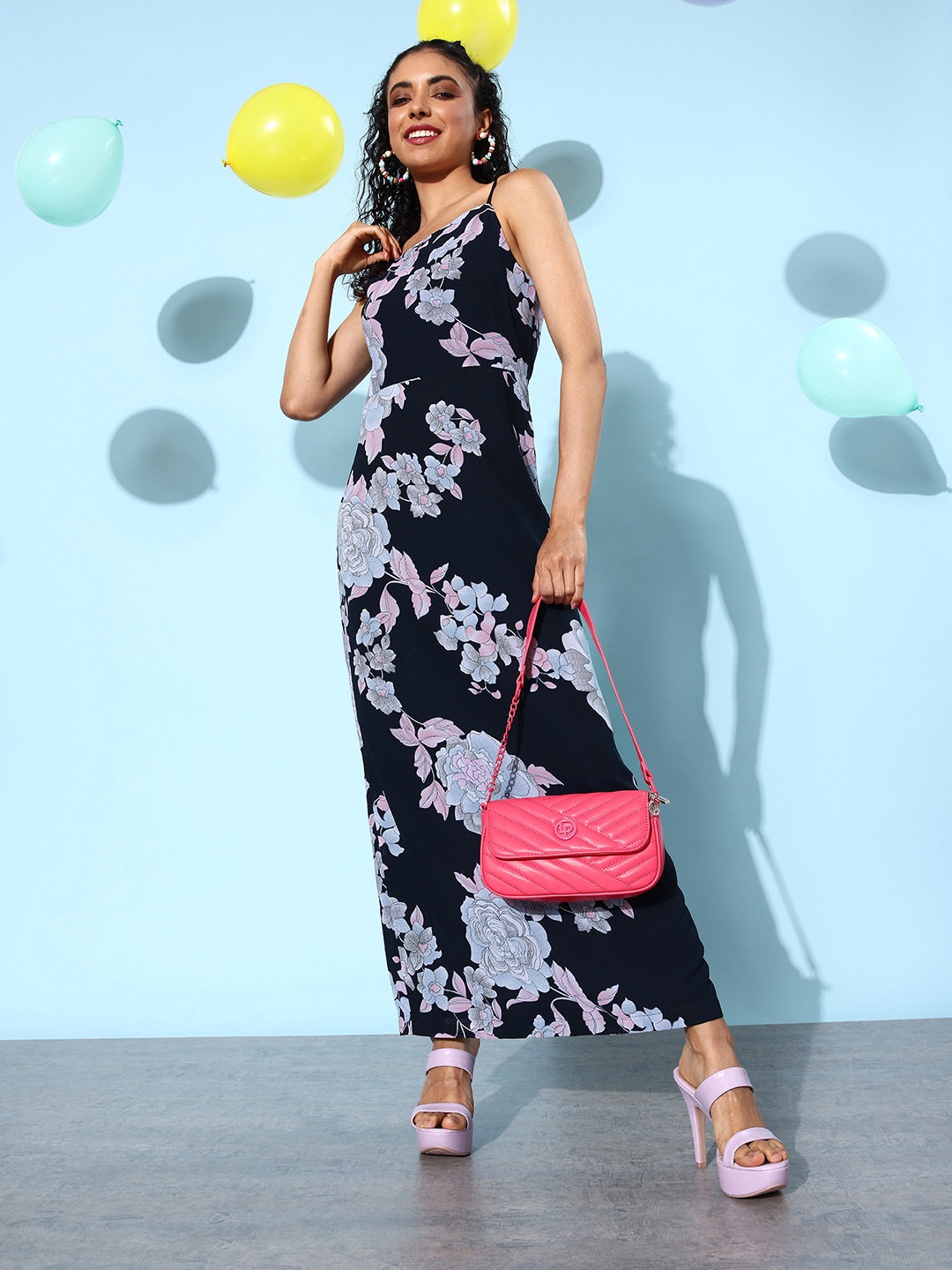 

QUIERO Women Navy Blue & Grey Floral Print Maxi Dress