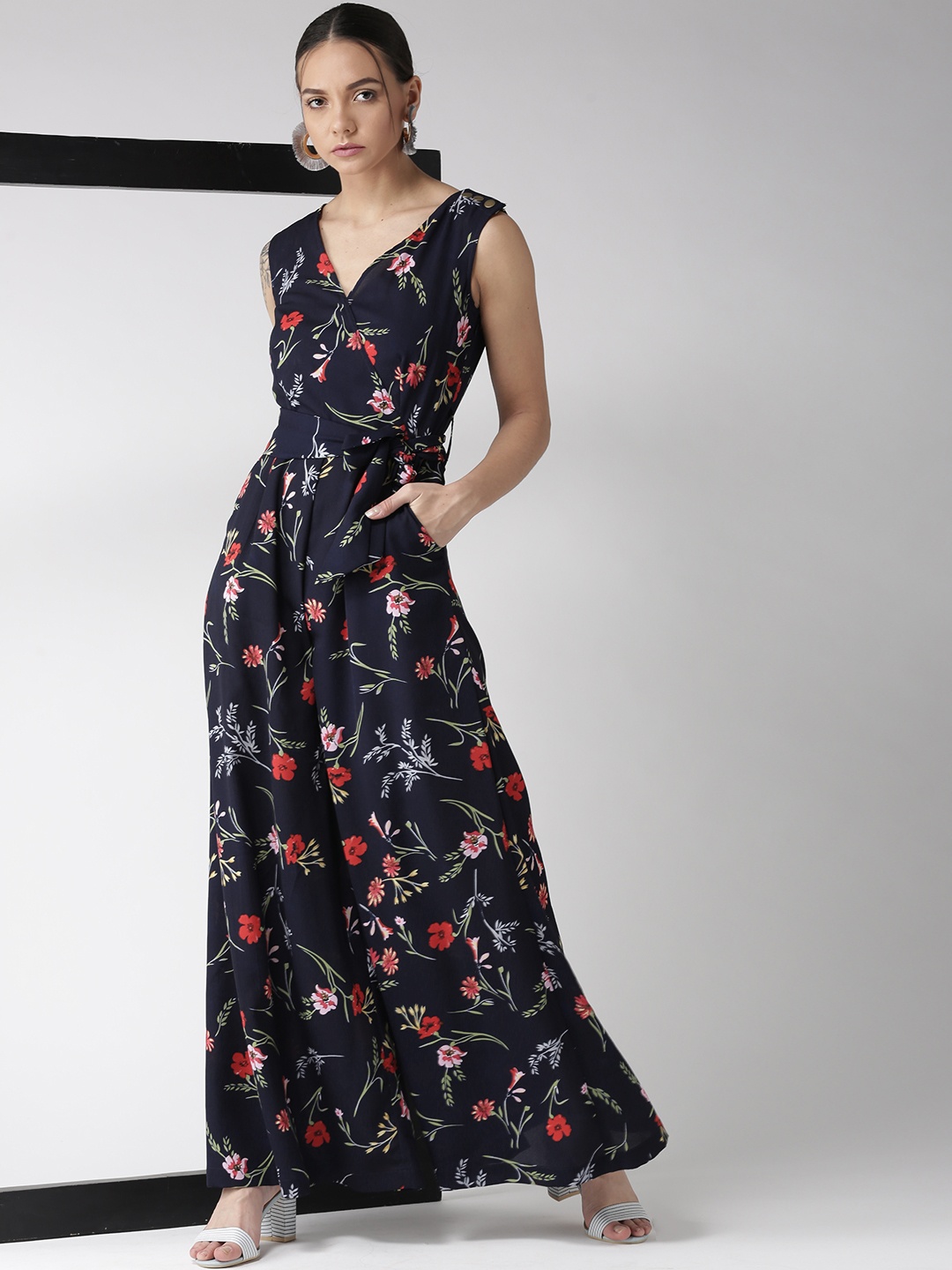 

QUIERO Women Navy Blue & Red Floral Printed Wrap Detail Jumpsuit