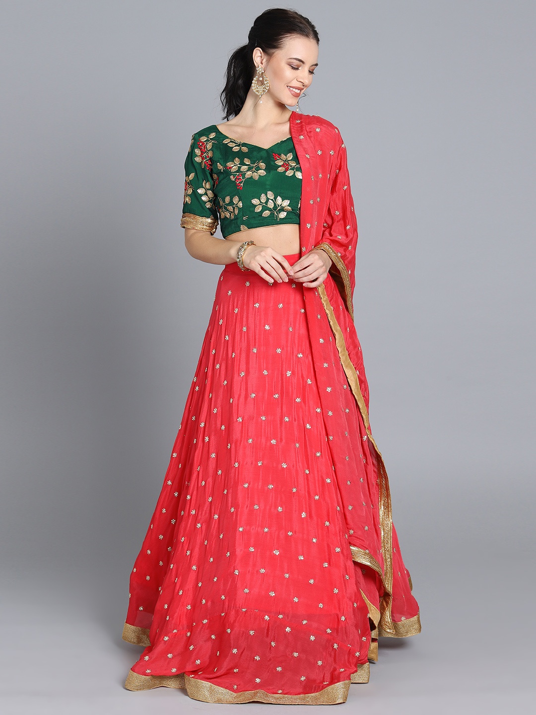 

Ethnovog Peach Green Embroidered Made to Measure Lehenga Choli with Dupatta