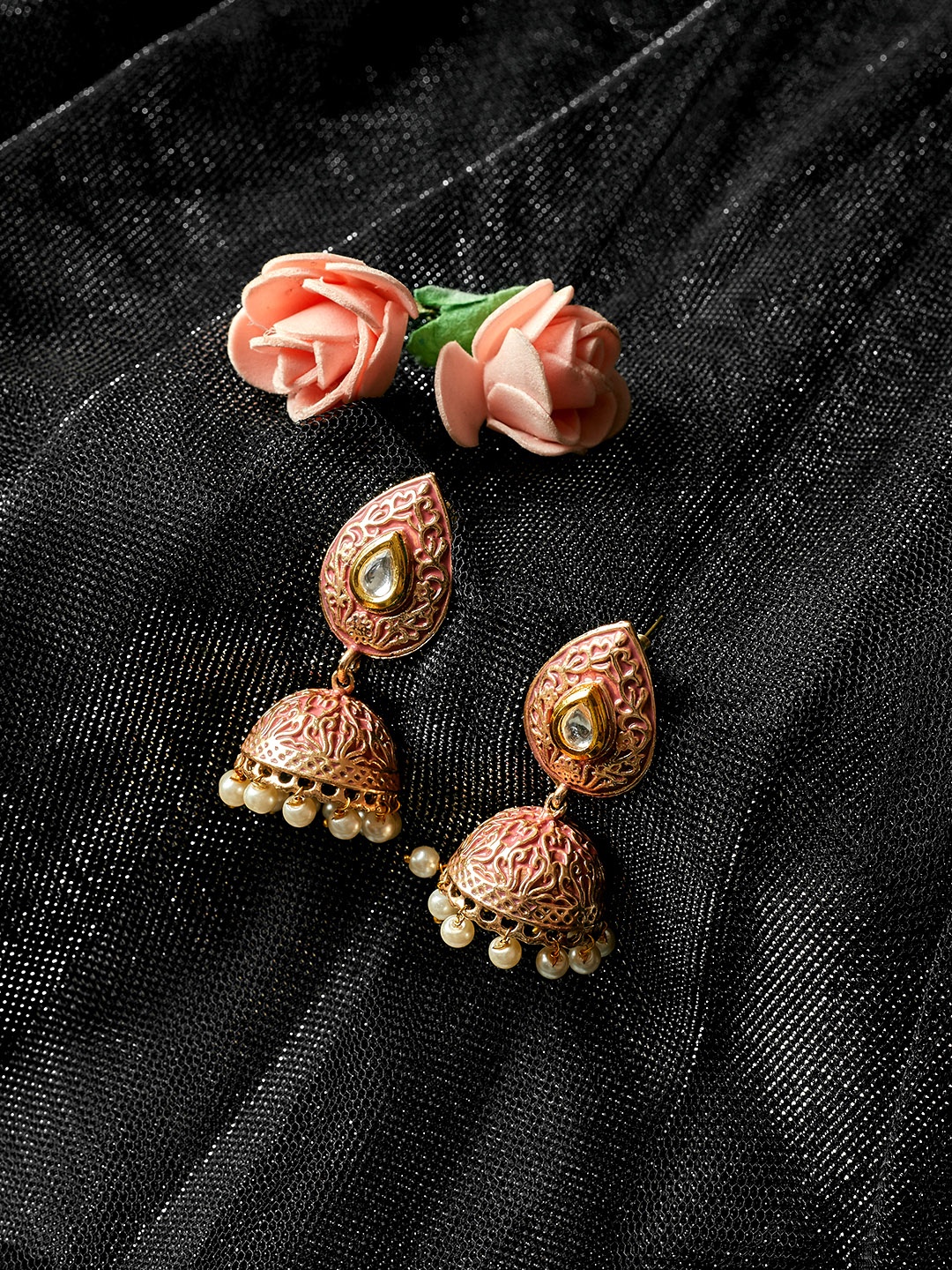 

PANASH Gold-Plated & Pink Handcrafted Teardrop Shaped Jhumkas