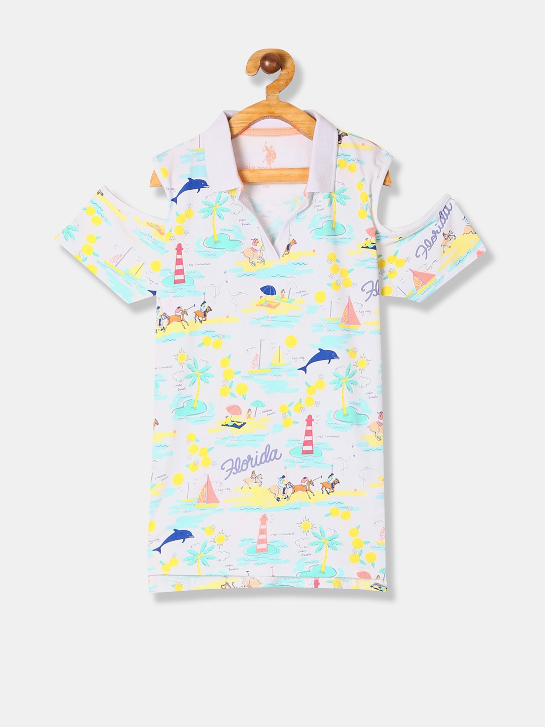 

U.S. Polo Assn. Kids Girls White Printed Polo Collar T-shirt