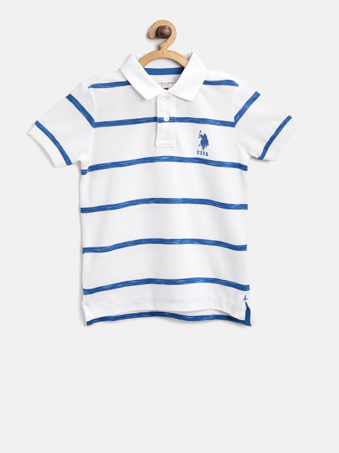 

U.S. Polo Assn. Kids Boys White Blue Striped Polo Collar Pure Cotton T-shirt