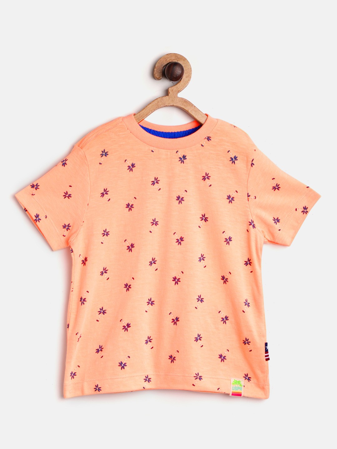 

U.S. Polo Assn. Kids Boys Peach-Coloured & Navy Blue Printed Round Neck T-shirt