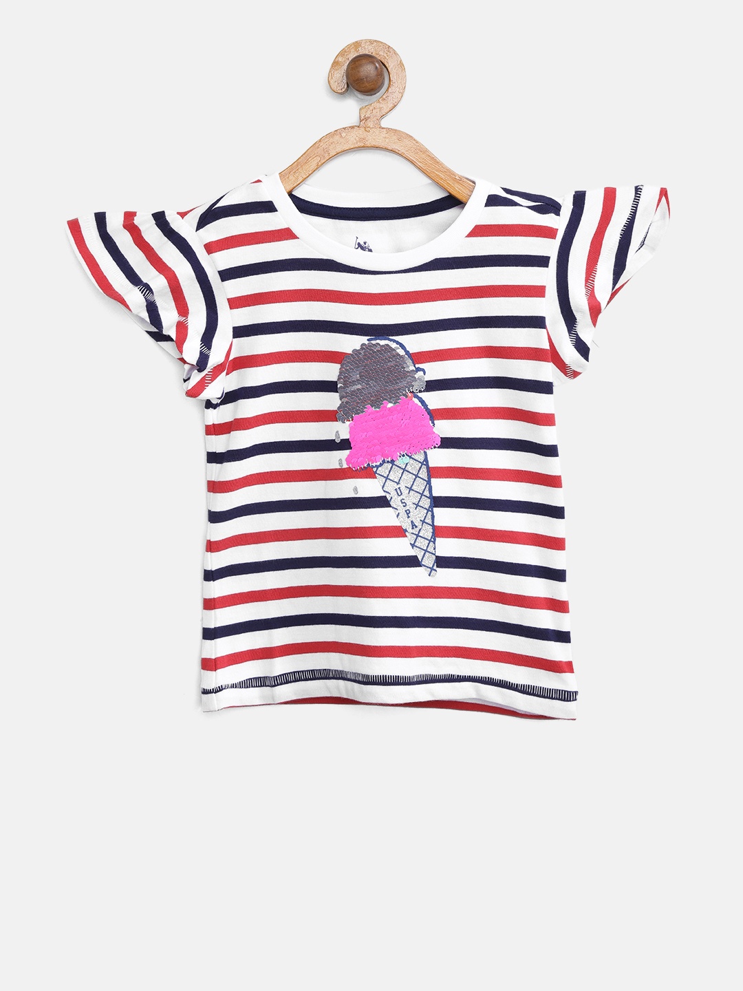 

U.S. Polo Assn. Kids Girls White & Red Striped Pure Cotton Top with Sequinned Detail