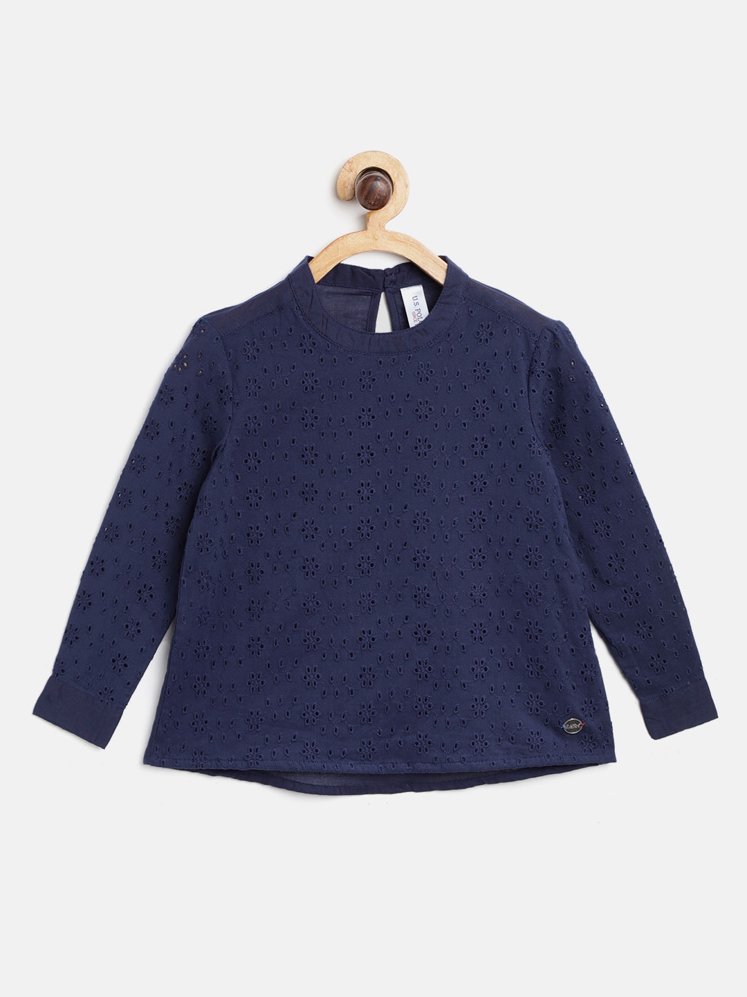 

U.S. Polo Assn. Kids Girls Navy Blue Schiffli Embroidered A-Line Pure Cotton Top