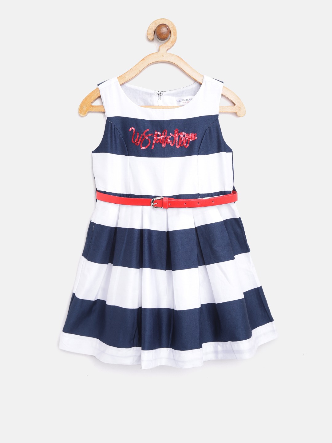 

U.S. Polo Assn. Kids Girls Navy Blue & White Striped Fit and Flare Dress