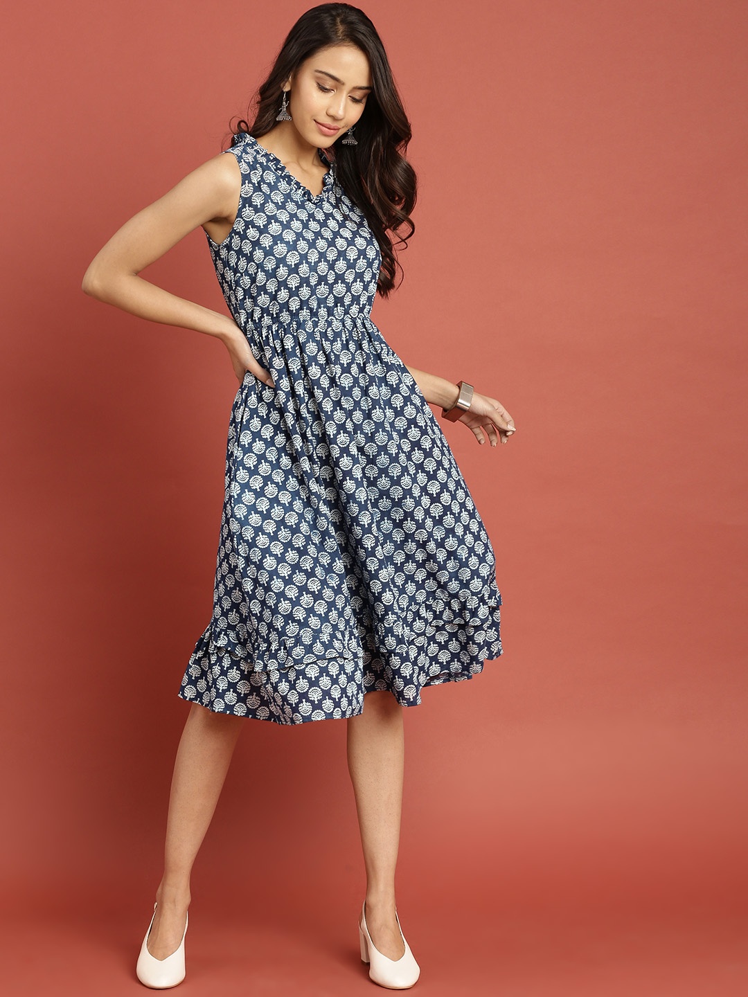 

Taavi Blue Indigo Hand Block Print A-Line Pure Cotton Dress with Layered Hem