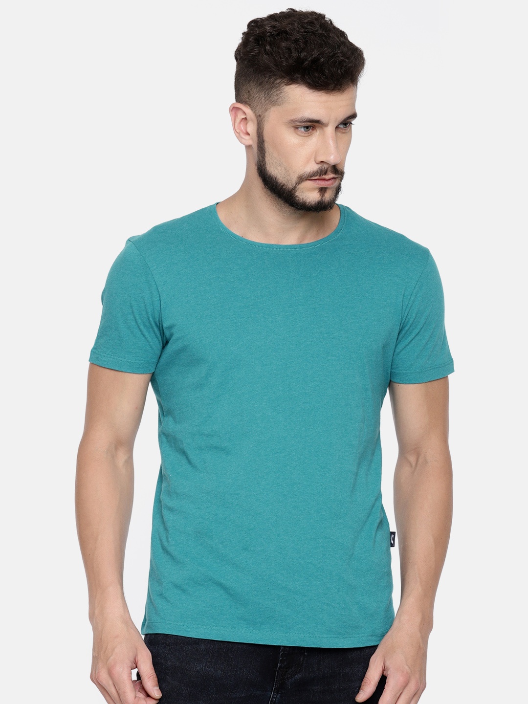 

Jack Jones Men Teal Blue Solid Round Neck Pure Cotton T-shirt