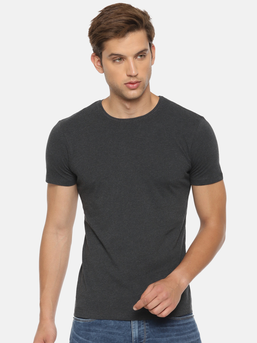 

Jack Jones Men Charcoal Black Solid Round Neck Pure Cotton T-shirt