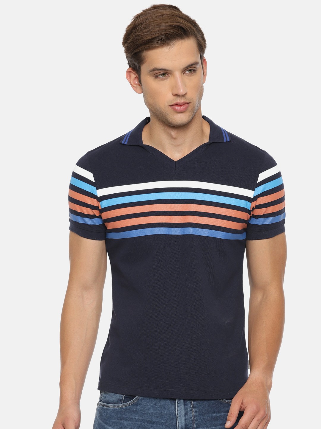 

Jack Jones Men Navy Blue Striped Polo Collar Pure Cotton T-shirt
