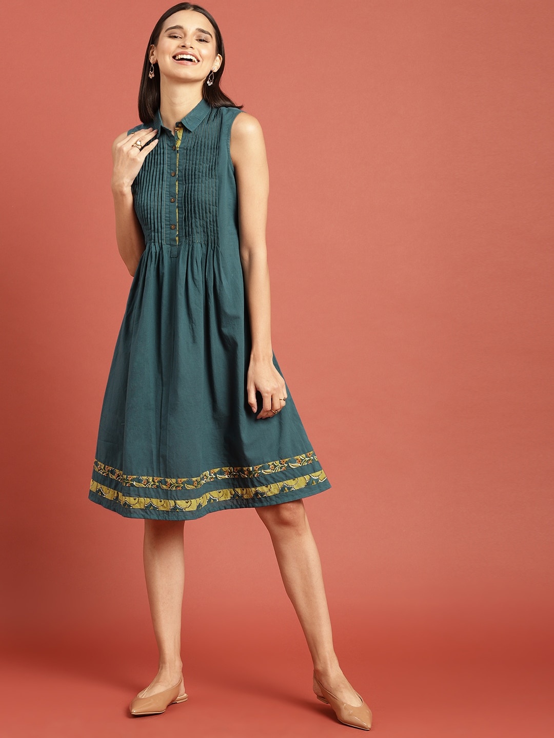 

Taavi Green Bagru Hand Block Print A-Line Pure Cotton Dress with Pleats & Pockets