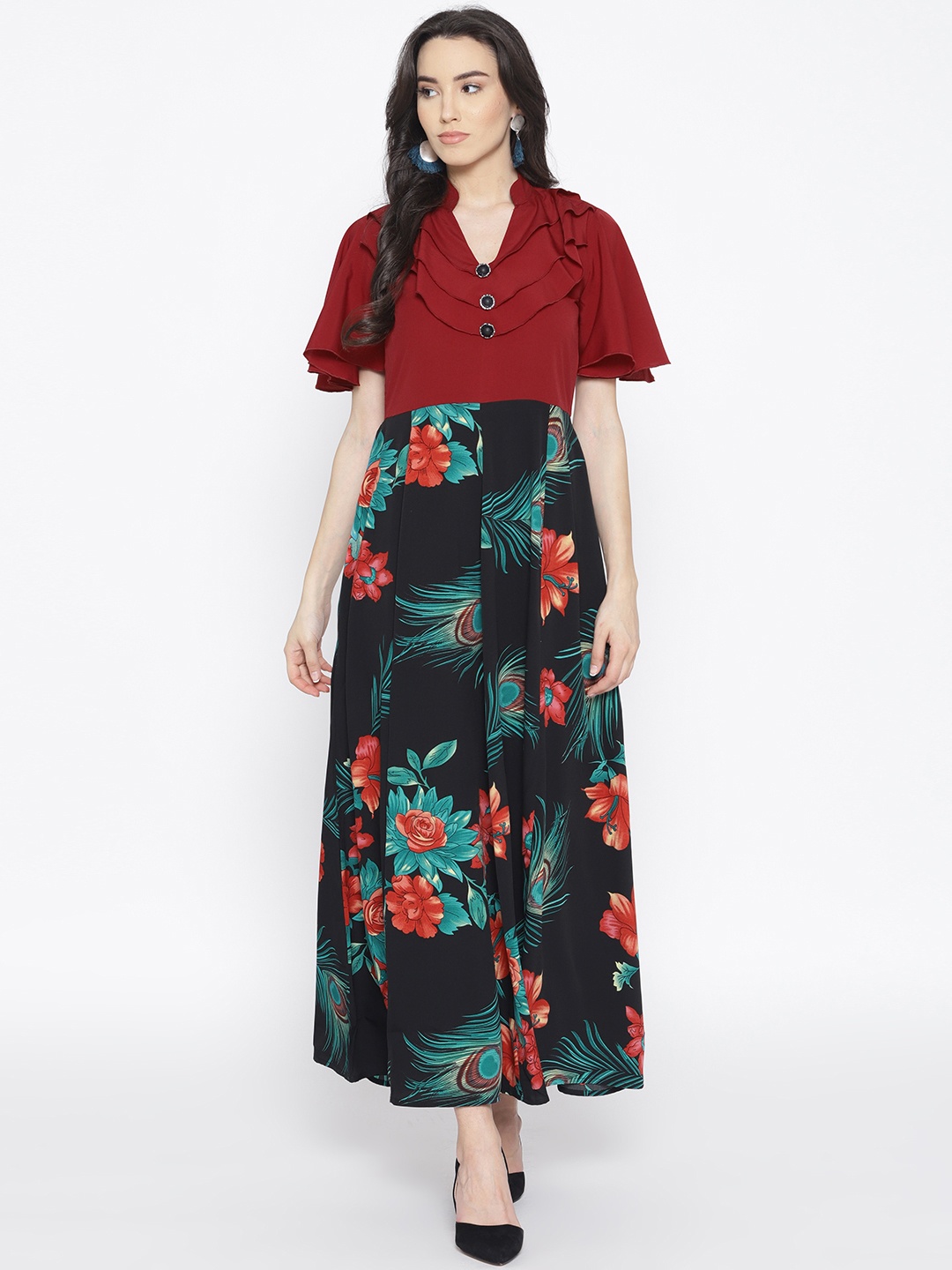 

Cottinfab Women Maroon & Black Printed Maxi Dress