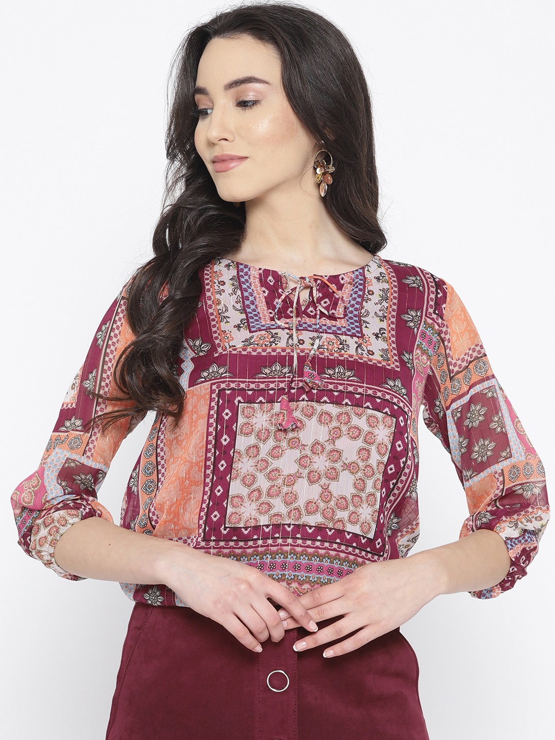 

Cottinfab Women Maroon & Peach-Coloured Printed A-Line Top