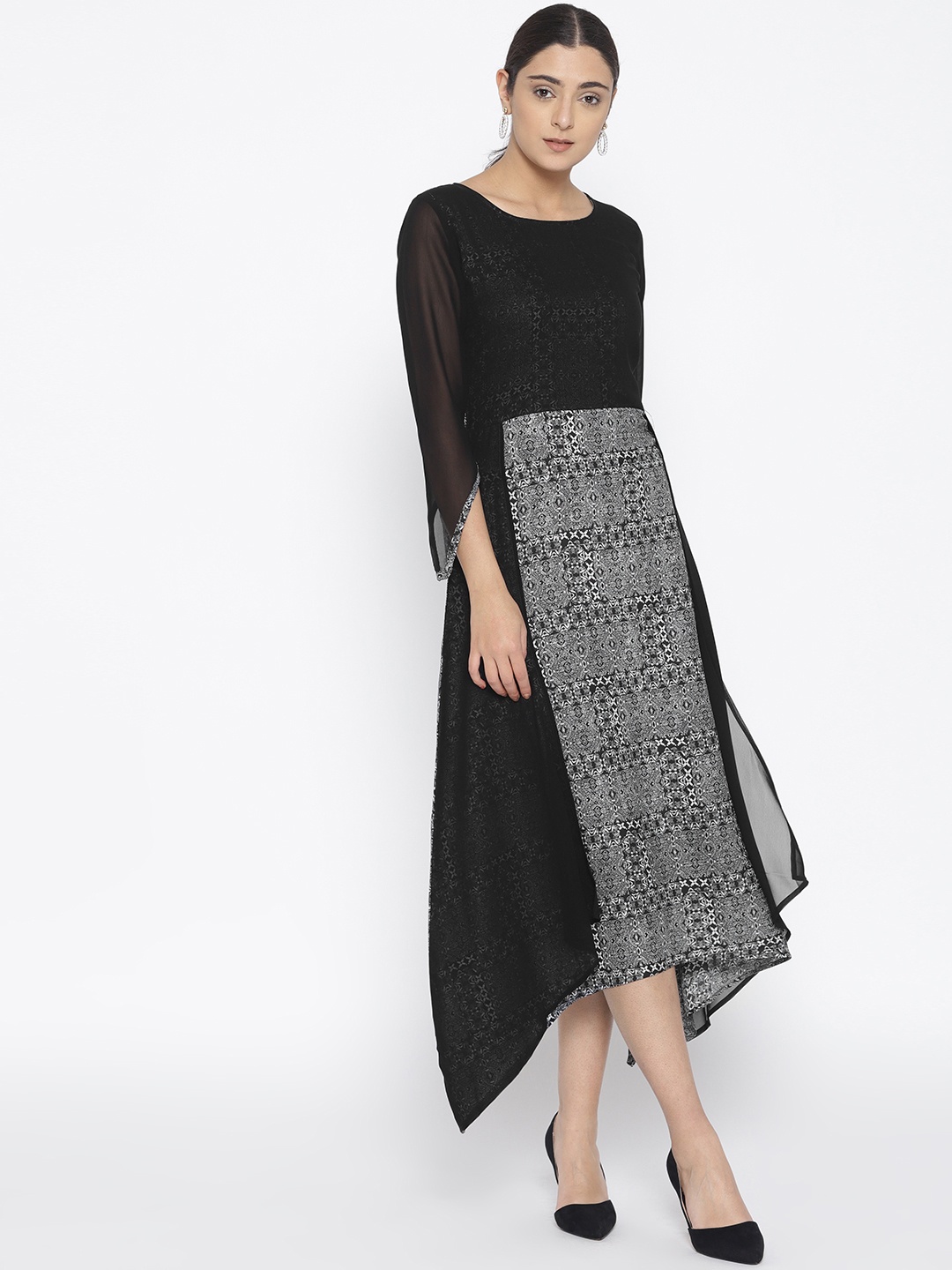 

Cottinfab Women Black & White Printed A-Line Dress