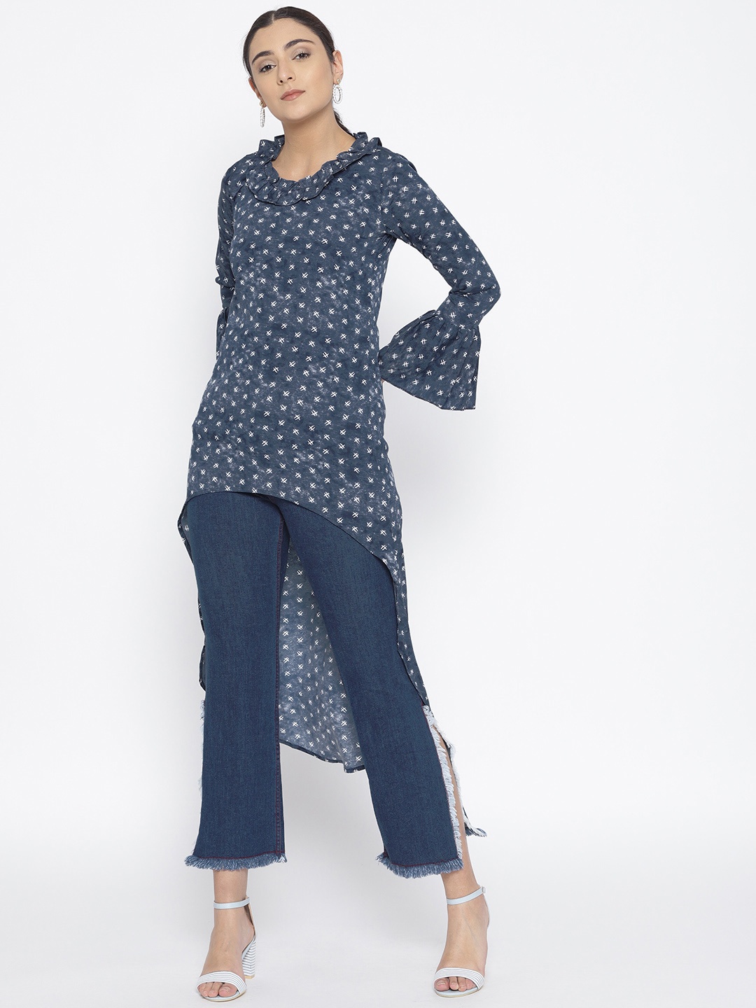 

Cottinfab Women Blue Printed High-Low Top