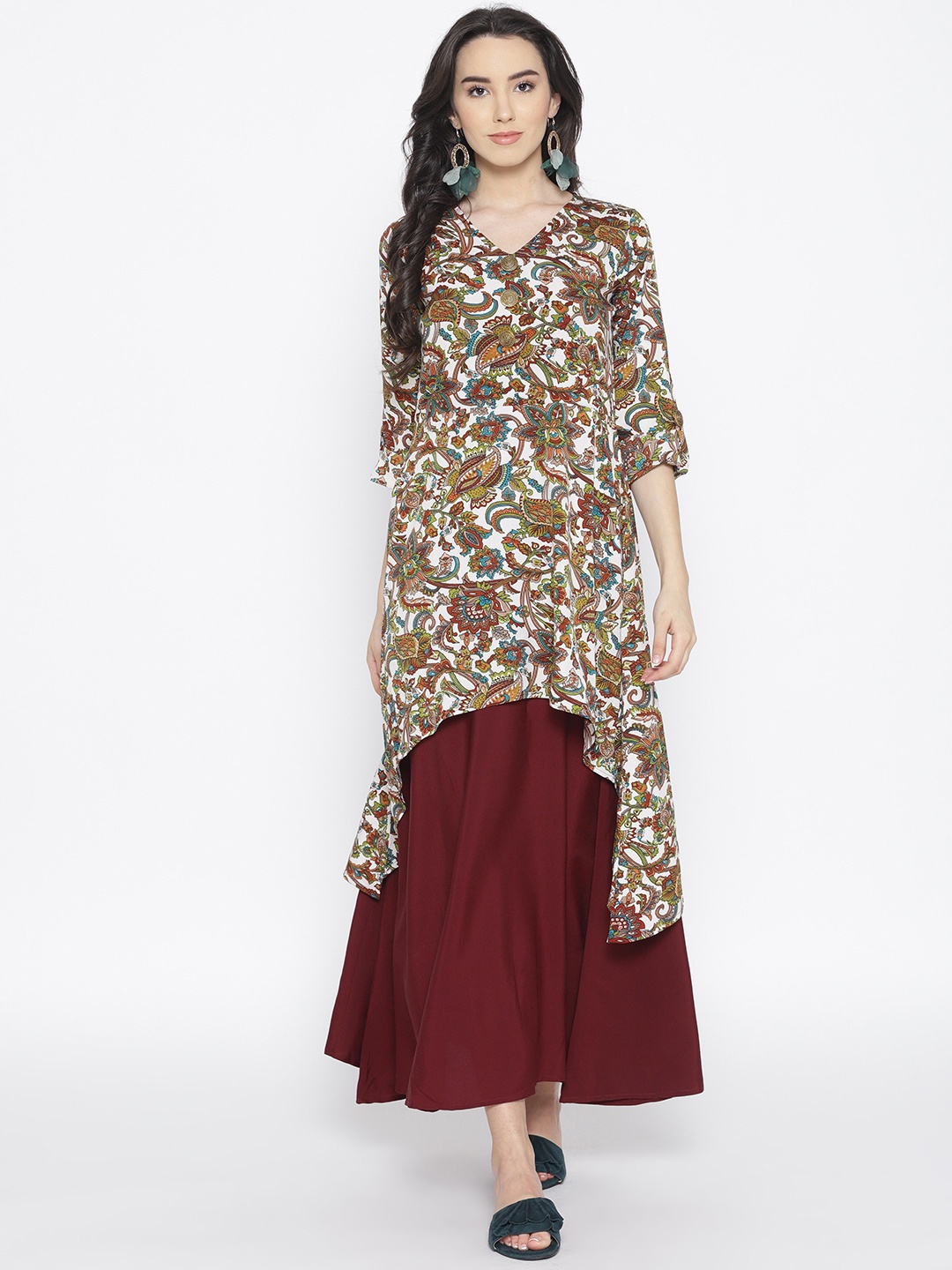 

Cottinfab Women White & Maroon Printed Layered Maxi Dress